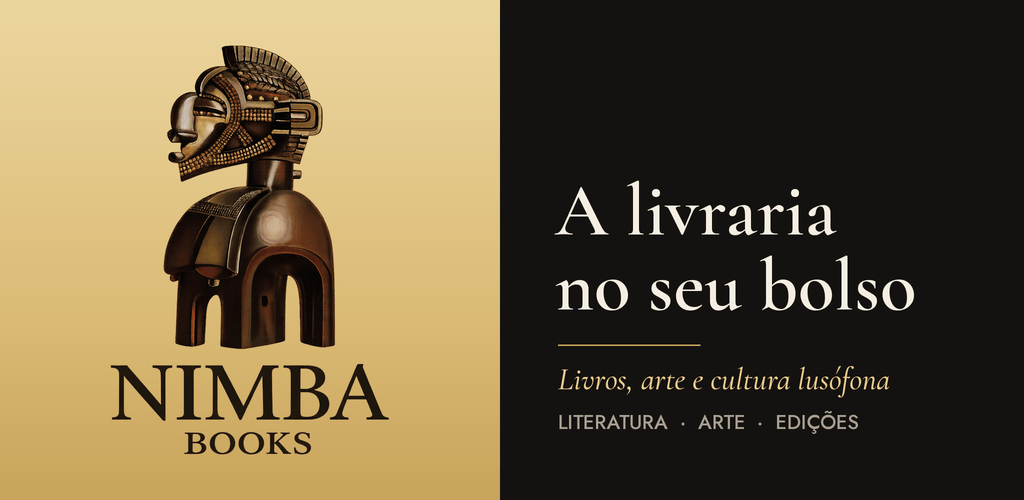 Logótipo Nimba Books sobre fundo dourado, com o texto «A livraria no seu bolso»