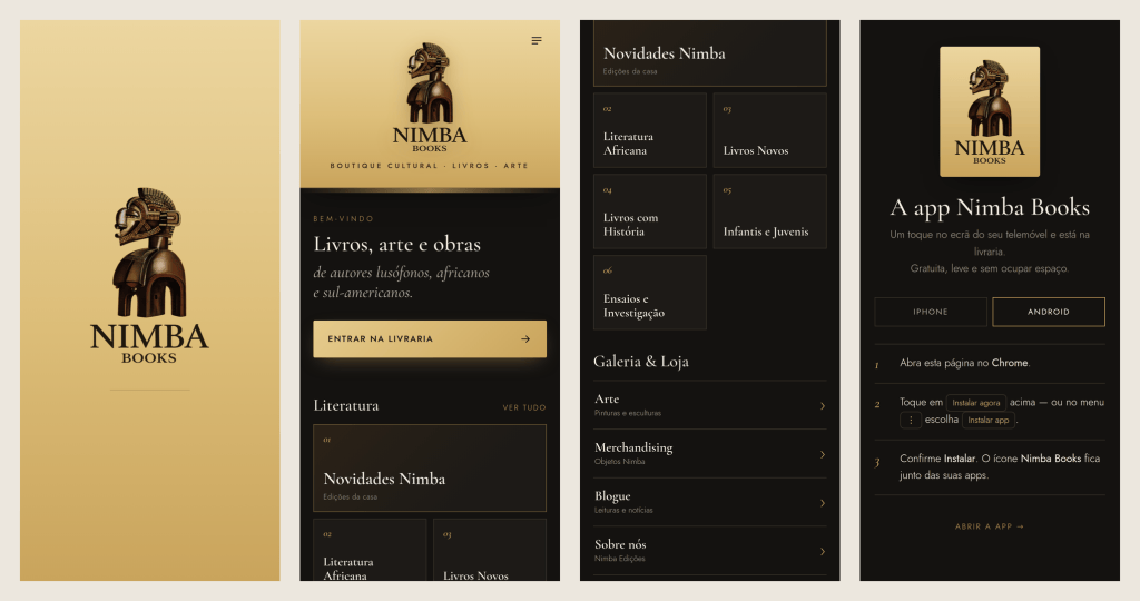 Quatro ecrãs da app Nimba Books: abertura dourada com o logótipo, menu principal, categorias e página de instalação